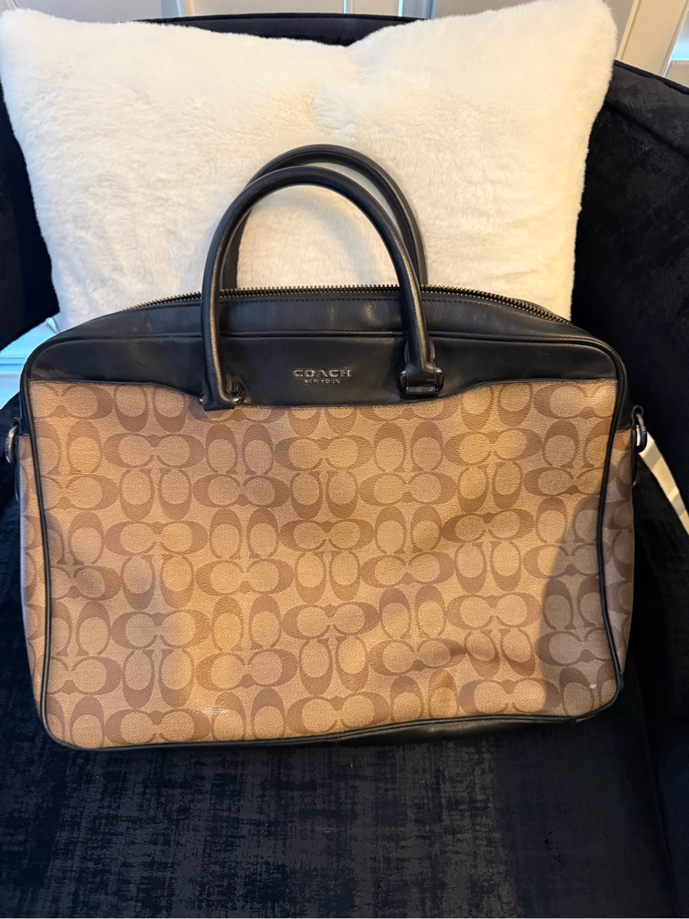 Coach Brown Signature Canvas Briefcase with Black Leather Trim